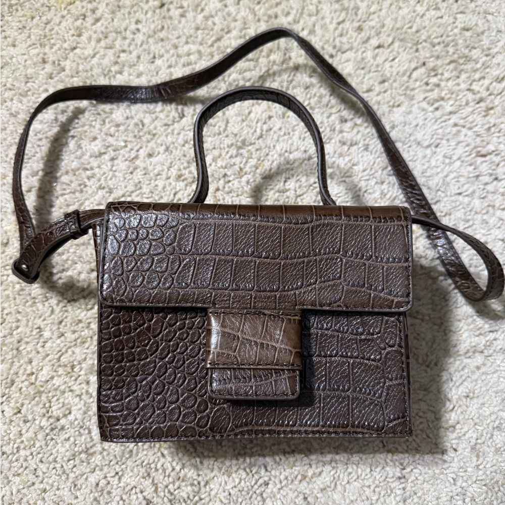 Vintage Brown Croc Embossed Top Handle Crossbody Bag Structured Purse
